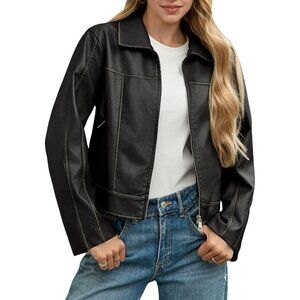 Women's Faux Leather Jacket Zip Up Motorcycle Long Sleeve with Pocket Black